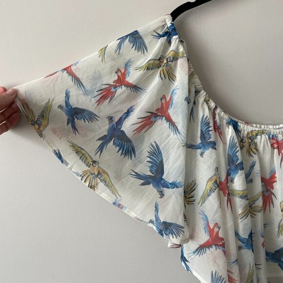 Molly Bracken Off The Shoulder Birds Print Ruffles Cropped Top White Blue XS - Picture 5 of 9